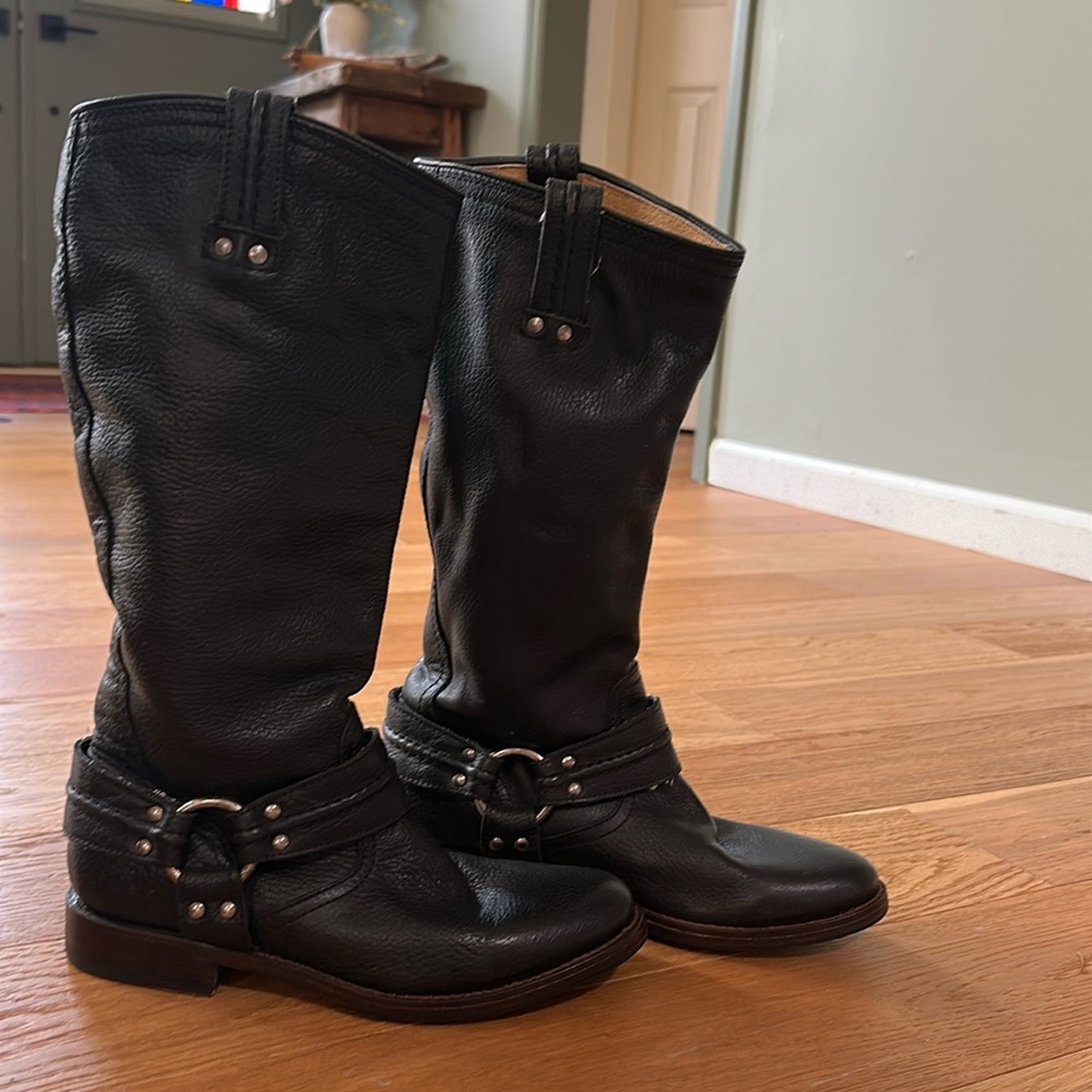 Frye Phillip Harness Black Leather Tall Boots